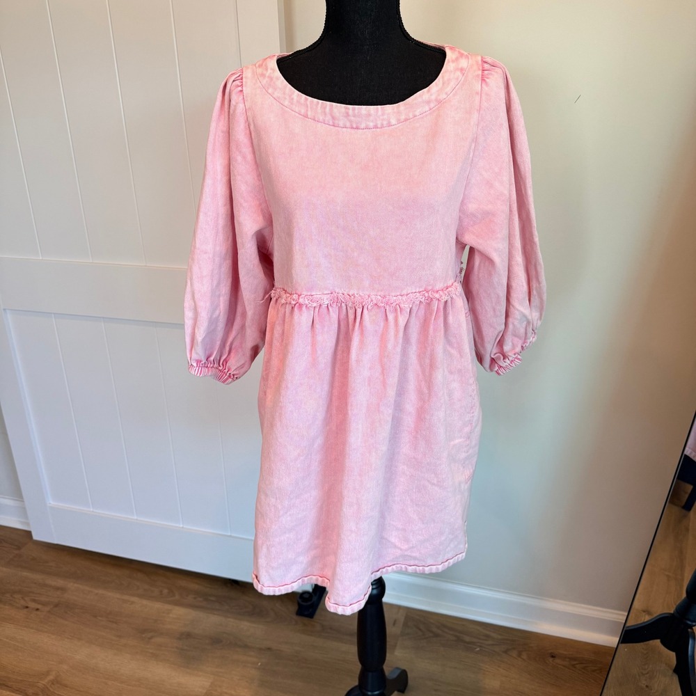 Blue B. Collection Pink Acid Wash Denim Babydoll Dress Puff Sleeve Large